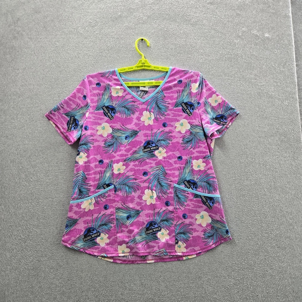 Jurassic World Dominion Women Scrub Top L/G Pink Floral Logo V-Neck Pullover